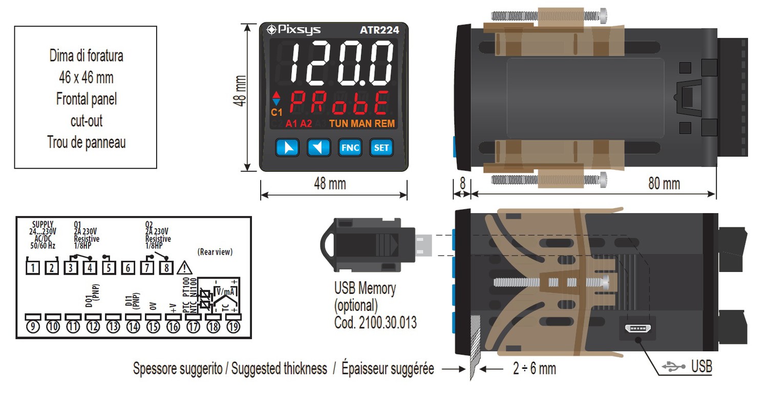Pixsys ATR44424ABCT PID Controller 24-230V AC/DC, RS-485